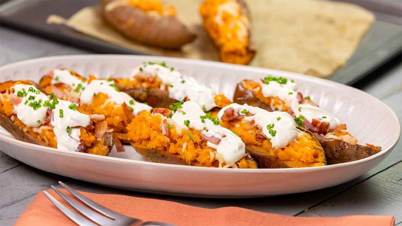 Loadedcheesysweetpotatoskins